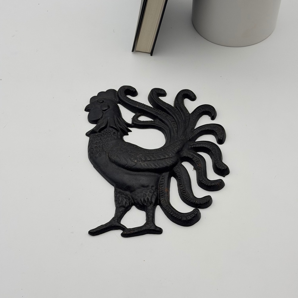 Vintage Cast Iron Rooster Wall Decor Black Farmhouse Kitchen Hanging 9"